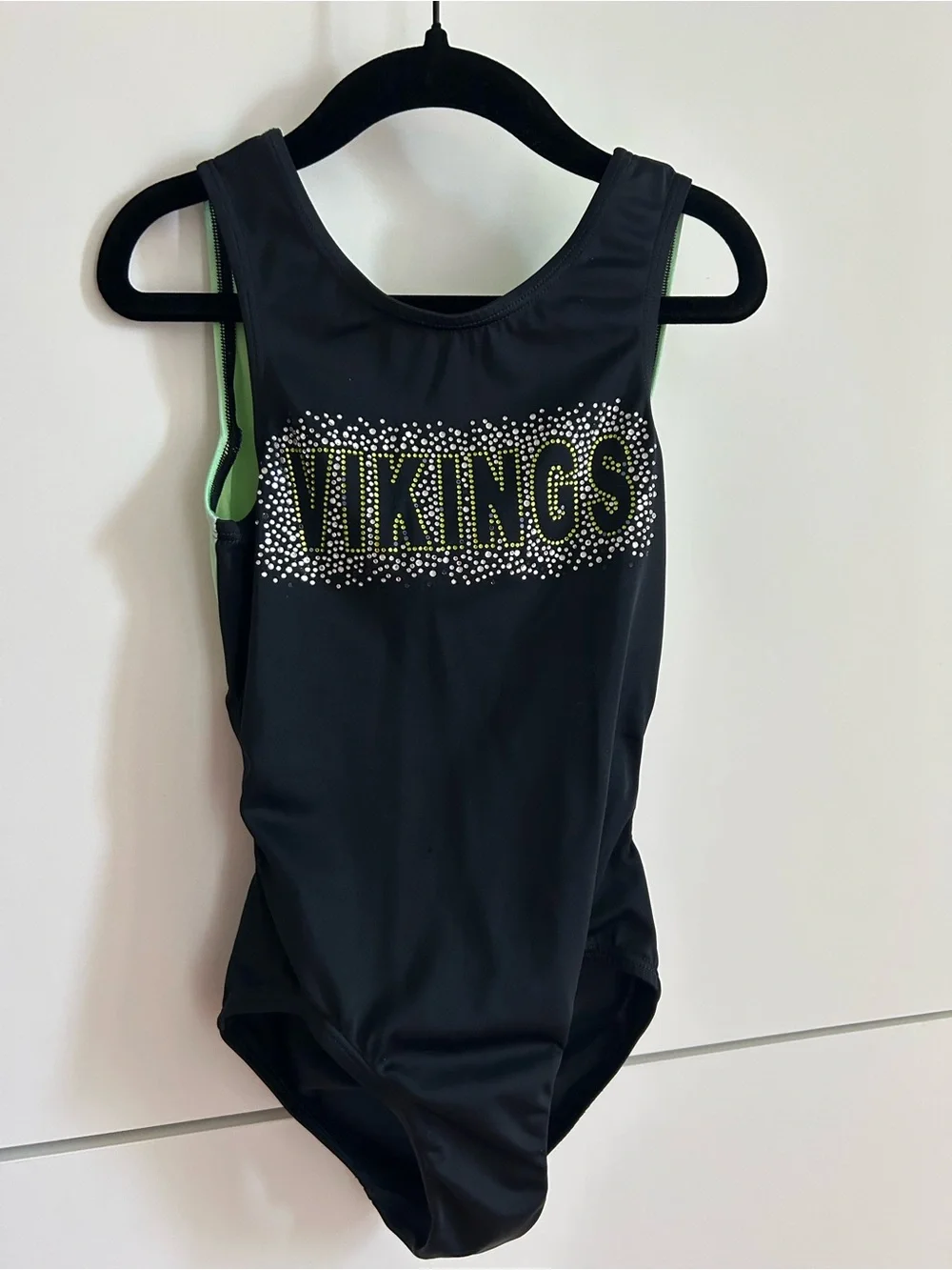 Black and Green 'VIKINGS' Rhinestone Gymnastics Dance Leotard - Child’s Medium